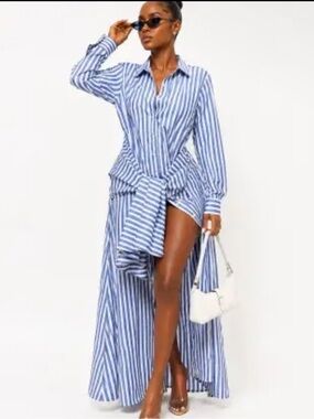 Blue and White Striped Long Sleeve Shirt Dress with High-Low Hem